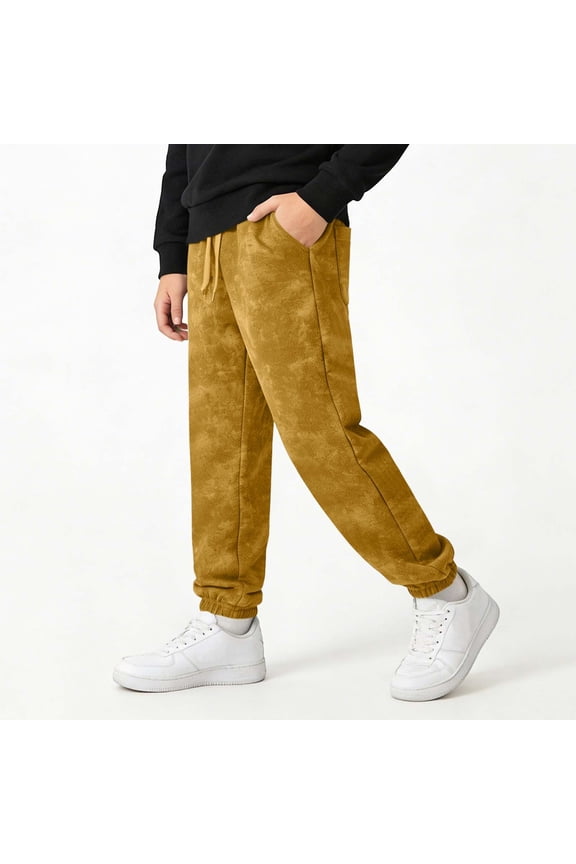 Boys Elastic Waistband Sports Pants Straight Fit Loose Comfy Trouser Wide Leg Baggy Pant with Pockets for 5-13 Years Yellow 5-6 Years