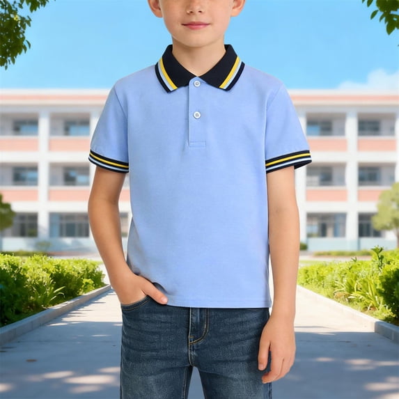 CQONEPT Boys Girls Short Sleeve Shirts School Uniform Button Up Collar Tops Cotton Comfortable Summer T Shirt Blue 9 Years