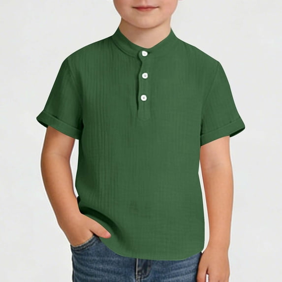 CQONEPT Boys Linen Henley Shirts Short Sleeve T Shirts Summer Tee Tops Solid Color Button Up Blouse for Kids Army Green 5-6 Years