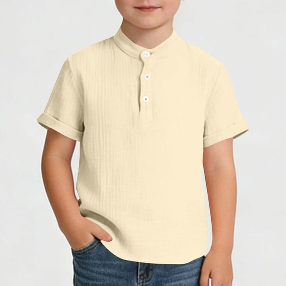 CQONEPT Boys Linen Henley Shirts Short Sleeve T Shirts Summer Tee Tops Solid Color Button Up Blouse for Kids Beige 5-6 Years