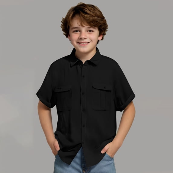 CQONEPT Boys' Short Sleeve Dress Shirts Classic Fit Button Down Tshirt Casual Solid Cotton Top with Pocket Black 9 Years