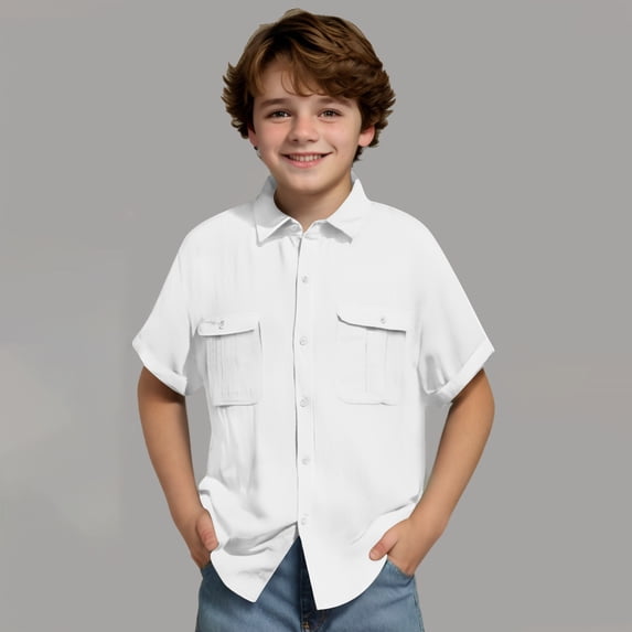 CQONEPT Boys' Short Sleeve Dress Shirts Classic Fit Button Down Tshirt Casual Solid Cotton Top with Pocket White 5 Years