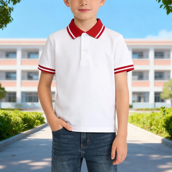 CQONEPT Boys Short Sleeve School Uniform Collared Button Moisture Wicking Years Dress Shirts for Toddler Red 12-13 Years