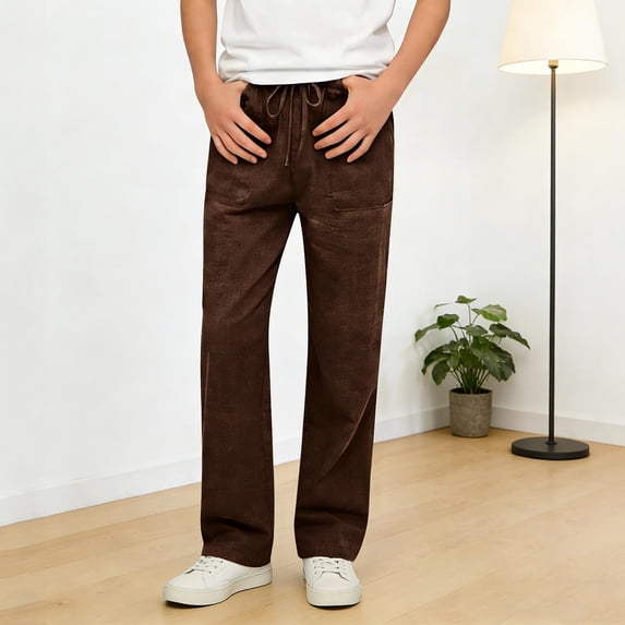 CQONEPT Boys Straight Leg Linen Pants Lightweight Casual Versatile School Uniform Pants with Pockets for 4-15 Years Coffee 10-11Years
