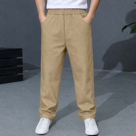 CQONEPT Boys Uniform Pants Pull On Elastic Waist School Trousers for Kids Comfortable Twill Pants with Pockets Size 4-16 14-15 Years