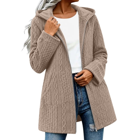 CQONEPT Cable Knit Hooded Coat for Women Zip Up Long Sleeve Sweater Sweater Cozy Fall Winter Warm Jacket with Pocket Teacher Daily Outfit