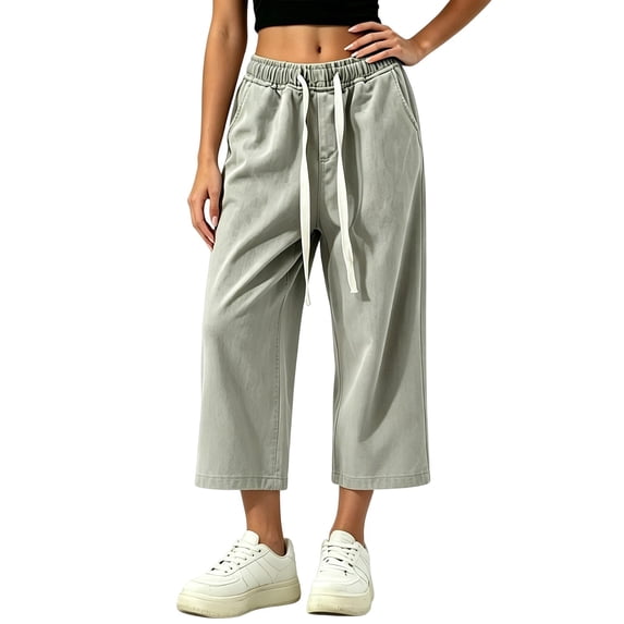 CQONEPT Capri Jeans for Women Wide Leg Trendy Stretchy Cropped Denim Pants Elastic Waist Straight Leg Trousers with Pockets Yellow M