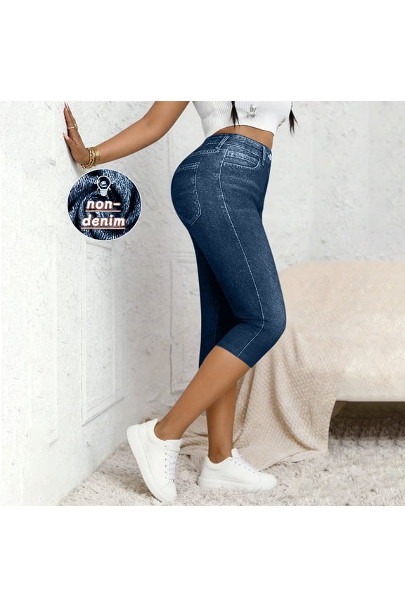 Capri Jeans for Womens Stretchy Pull On Jeggings with Pockets Jean Pants Y2k Not Denim Fabric Navy L