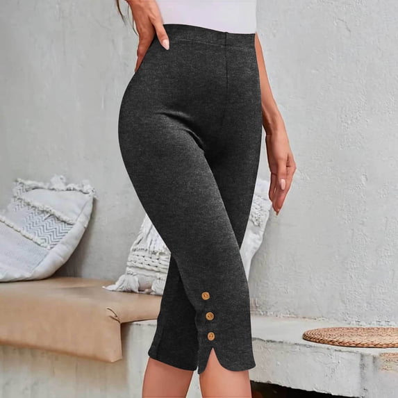 CQONEPT Capri Yoga Pants for Women Soft Stretch High Waisted Capri Leggings Elastic Waist Cropped Pant Gym Workout Clothes Dark Gray L