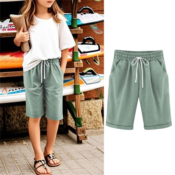 CQONEPT Capris Pants for Girls Drawstring Elastic Waist Summer Csual Loose Fit Summer Solid Short with Pocket Green 9-10Years
