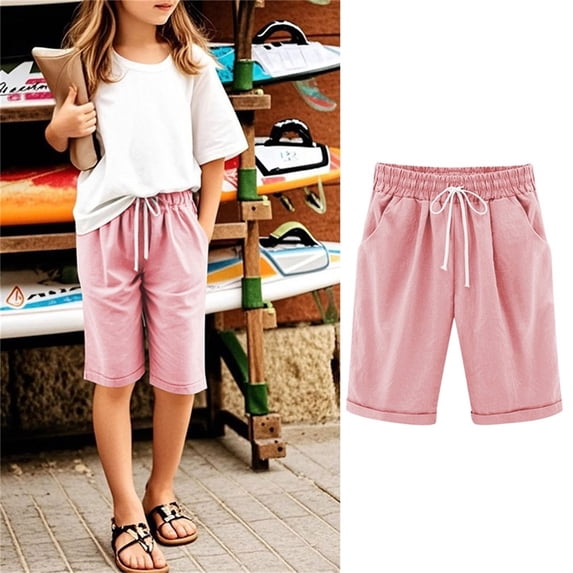CQONEPT Capris Pants for Girls Drawstring Elastic Waist Summer Csual Loose Fit Summer Solid Short with Pocket Pink 7-8Years