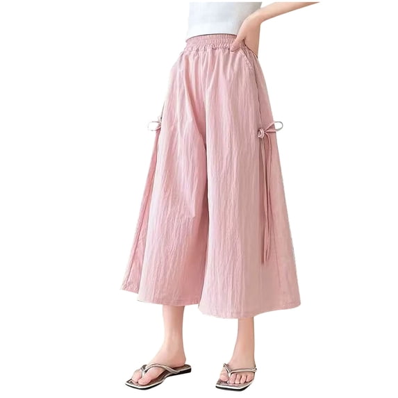 CQONEPT Capris Pants for Teen Girls Wide Leg Flowy Fashion Pant Bow Tie Baggy Casual Elastic Waist Pants Pink 4-5Years