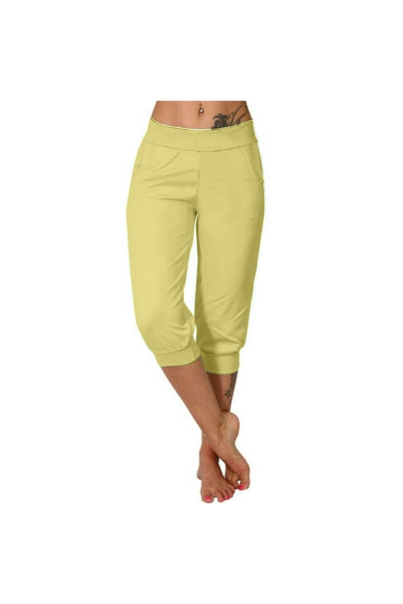 Capris Pants for Womens Casual Loose Fit Sweatpants High Wais Lightweight Jogger Pant with Pockets Yellow S