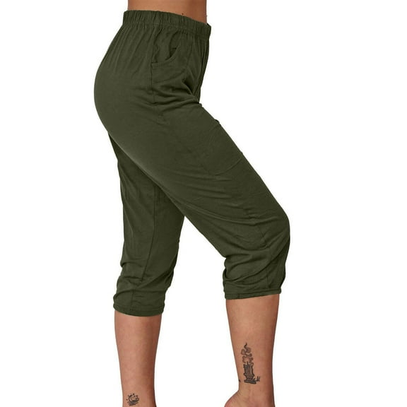 CQONEPT Capris Pants for Womens Straight Leg Asymmetric Pant with Pockets Elastic Waist Vacation Trousers Green 3XL
