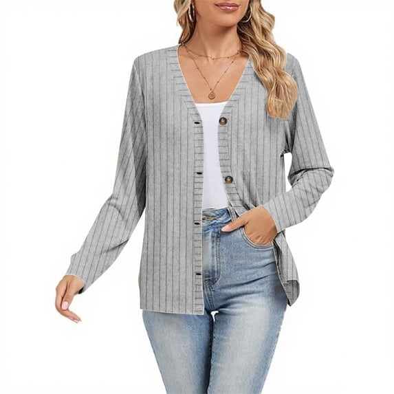CQONEPT Cardigans for Womens Button Down Casual Sweaters Lightweight Cozy Undershitrts Long Sleeve Fall Winter Shirts Gray M