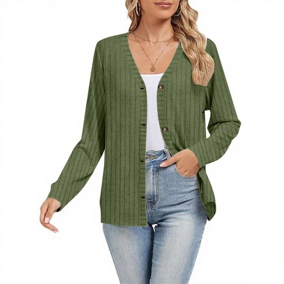 CQONEPT Cardigans for Womens Button Down Casual Sweaters Lightweight Cozy Undershitrts Long Sleeve Fall Winter Shirts Green M