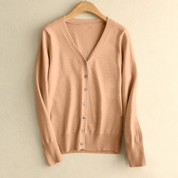 CQONEPT Cardigans for Womens Button Down Sweaters Dressy Casual Pullover Tops V Neck Long Sleeve Shirts Khaki L