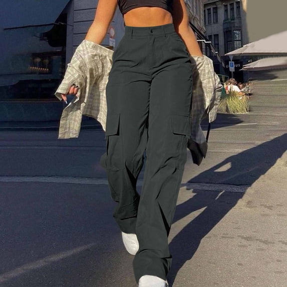 CQONEPT Cargo Pant for Women Lounge Loose Fit Wide Leg Trendy Pant High Waist Outdoor Streetwear Trousers with Multi Pocket Dark Gray 2XL