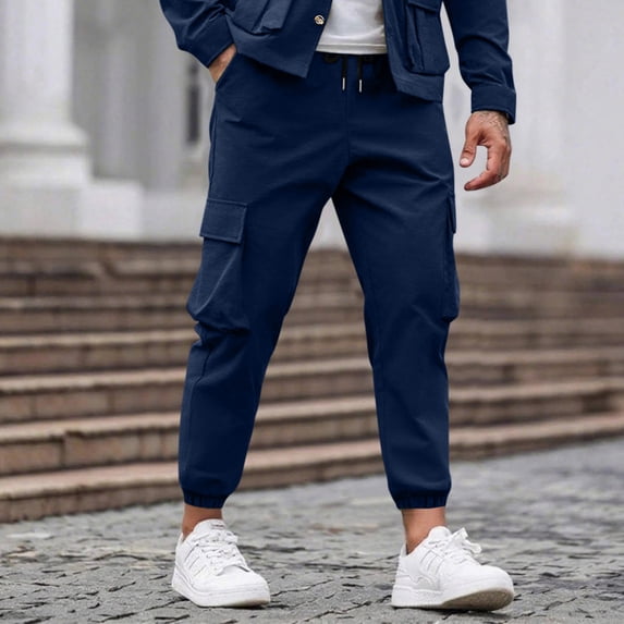 CQONEPT Cargo Pants for Mens Elastic Waist Twill Chino Tapered Pants Work Casual Outdoor Jogger Pant with Multi Pockets Navy 3XL