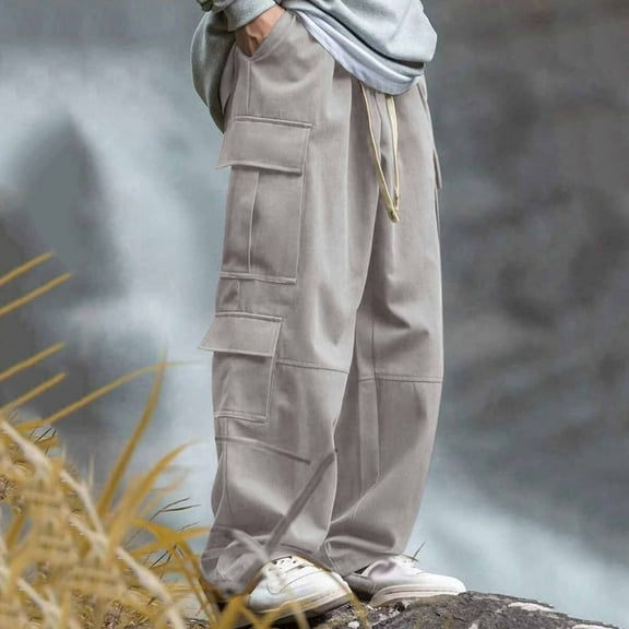 CQONEPT Cargo Pants for Mens Fashion Casual Baggy Wide Leg Pant Drawstring Elastic Waist Outdoor Pant with 6 Pockets Gray 2XL