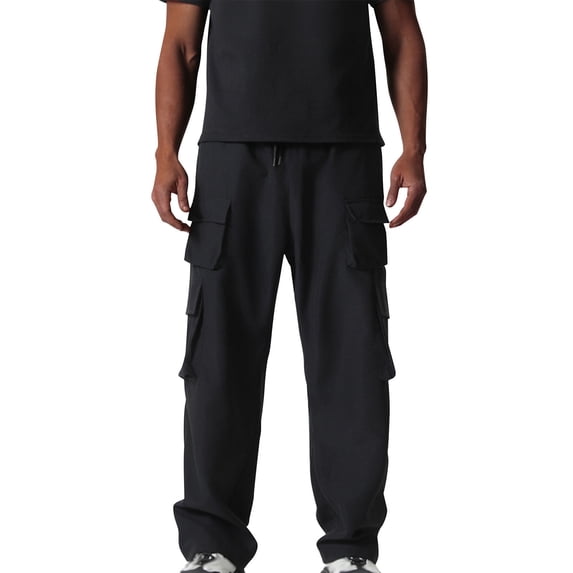 CQONEPT Cargo Pants for Mens Lounge Loose Fit Stretch Pant Drawstring Straight Leg Outdoor Trousers with Multi Pockets Black L