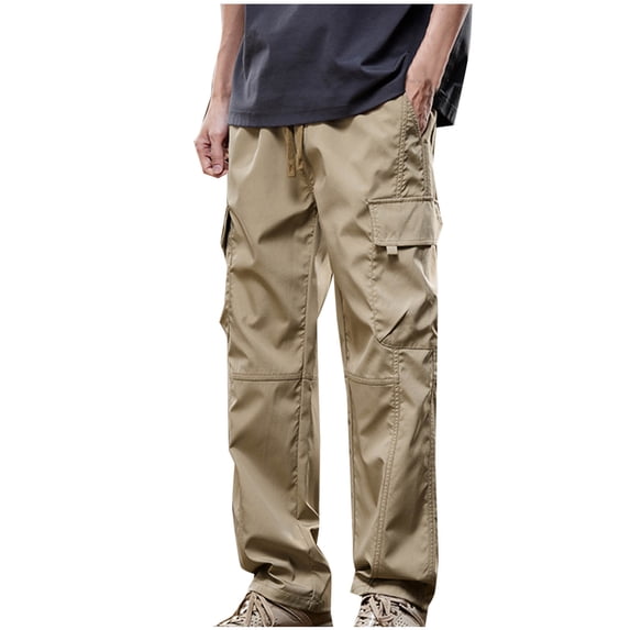 CQONEPT Cargo Pants for Mens Lounge Loose Fit Stretch Pant Wide Leg Drawstring Workouts Trousers with Pockets Khaki 2XL