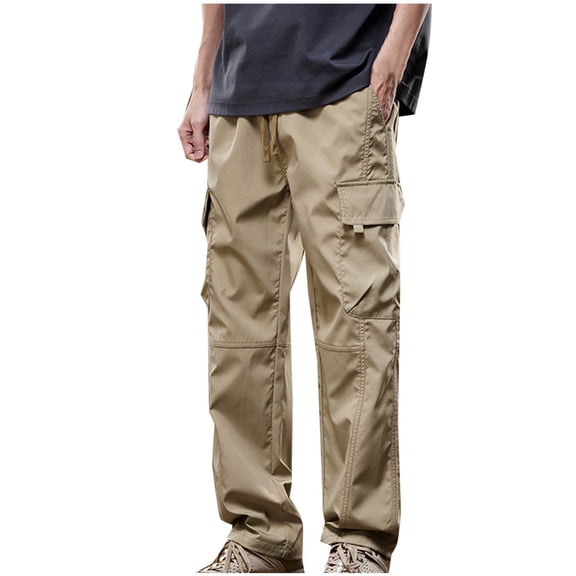 CQONEPT Cargo Pants for Mens Lounge Loose Fit Stretch Pant Wide Leg Drawstring Workouts Trousers with Pockets Khaki M