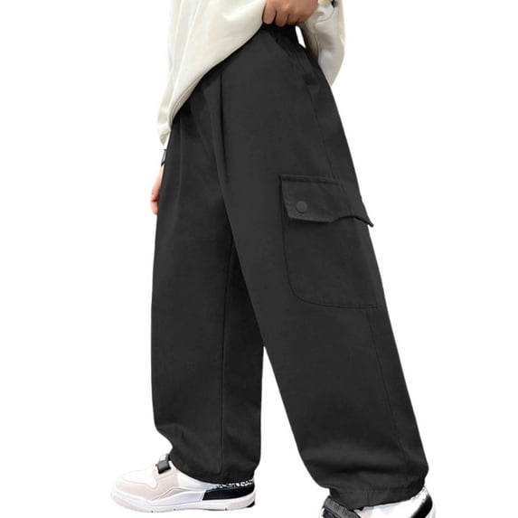 CQONEPT Cargo Pants for Teen Boys Elastic Waist Jogger Pant Wide Leg Baggy Casual Workouts Running Trousers with Pockets Black 14-15Years