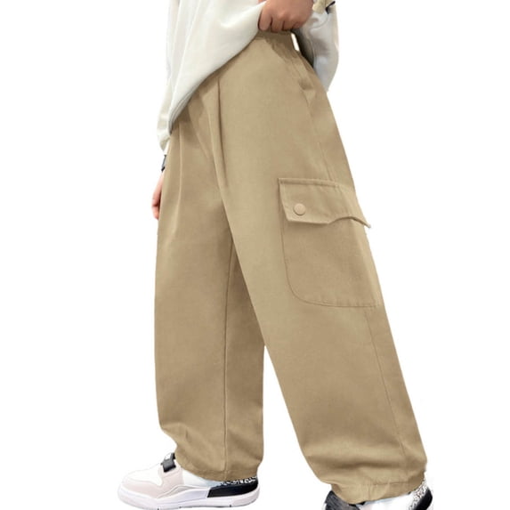 CQONEPT Cargo Pants for Teen Boys Elastic Waist Jogger Pant Wide Leg Baggy Casual Workouts Running Trousers with Pockets Khaki 14-15Years