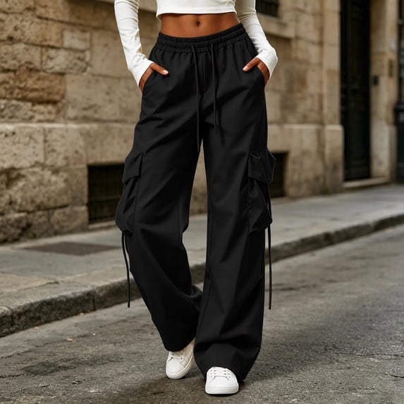 CQONEPT Cargo Pants for Women High Waist Baggy Casual Baggy Comfy Parachute Trousers Loose Fit Y2k Streetwear Hiking Pant with Pockets M