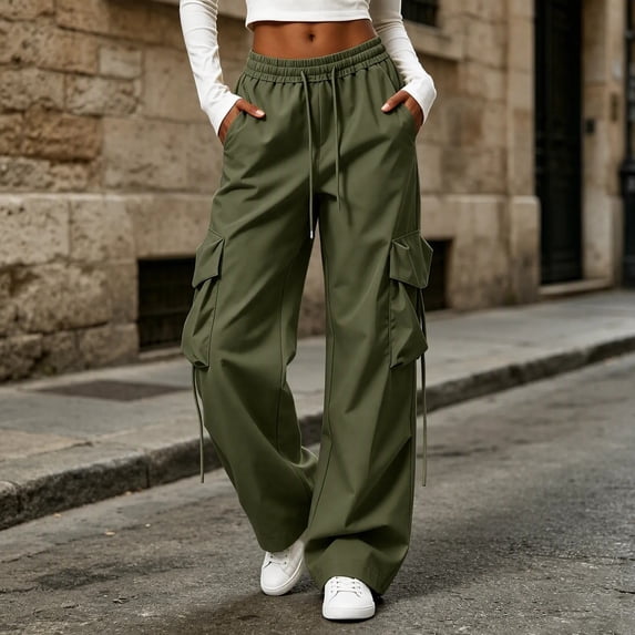 CQONEPT Cargo Pants for Women High Waist Baggy Casual Baggy Comfy Parachute Trousers Loose Fit Y2k Streetwear Hiking Pant with Pockets XL