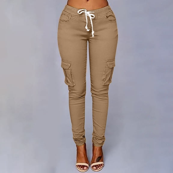 CQONEPT Cargo Pants for Women Oversize Skinny Leg Pants Casual Streetwear Skinny Drawstring Trousers with Multi Pockets Khaki M