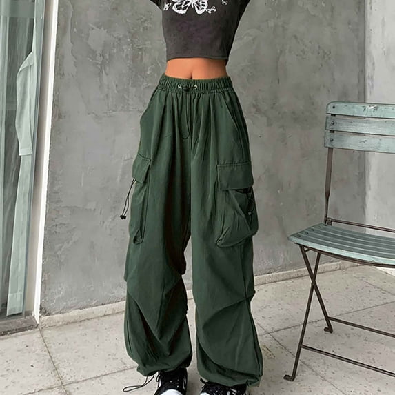 CQONEPT Cargo Pants for Women Vintage Lounge Baggy Tapered Pant Drawstring Y2K Streetwear Elastic Waisted Trousers with Pockets Green L