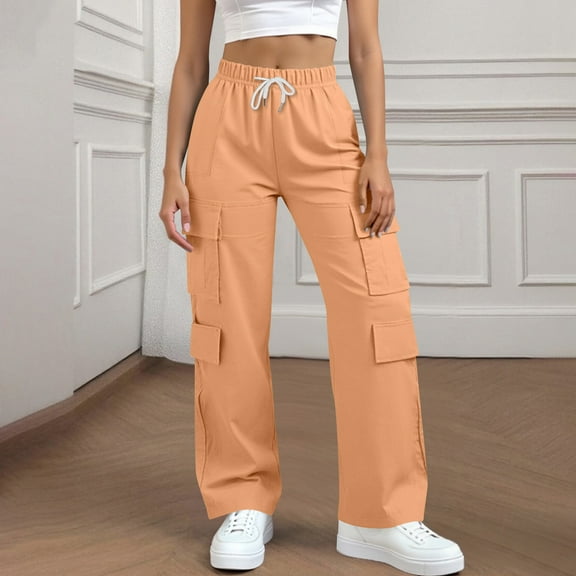 CQONEPT Cargo Pants for Women with Pockets Drawstring Elastic Waist Pant Casual Loose Fit Wide Leg Hiking Sports Trousers Orange L