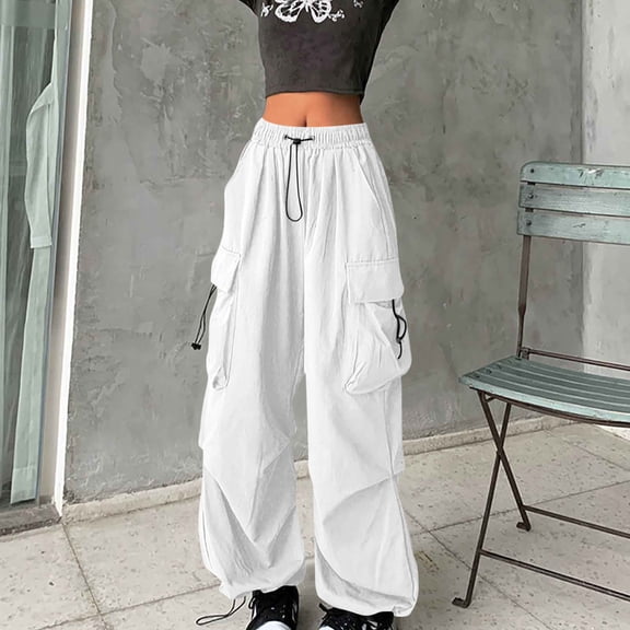 CQONEPT Cargo Pants for Womens Drawstring Cuffs Elastic Waisted Pant Casual Baggy Fashion Trousers with Pockets White S