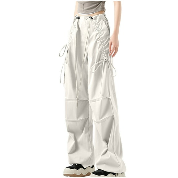 CQONEPT Cargo Pants for Womens Drawstring Wide Leg Trendy Pant Casual Fashion Streetwear Outdoor Trousers Beige M