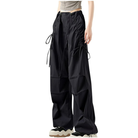 CQONEPT Cargo Pants for Womens Drawstring Wide Leg Trendy Pant Casual Fashion Streetwear Outdoor Trousers Black S