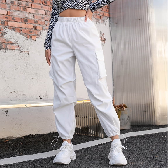 CQONEPT Cargo Pants for Womens Drawstrings Cuffs Elastic Waist Casual Pant Loose Fit Athletic Running Trousers with Pockets White L