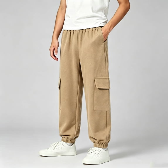 CQONEPT Cargo Sweatpant for Boys Lightweight Joggers Elastic Waist Casual Sweat Pants Soft Athletic Fall Clothes with Pockets Khaki 5-6Years