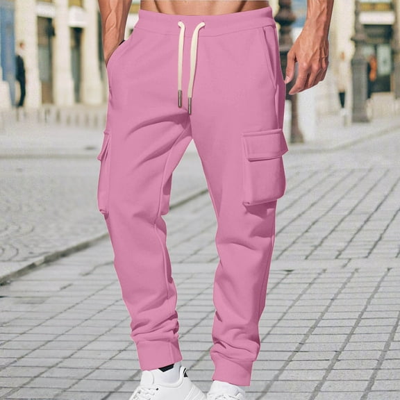 CQONEPT Cargo Sweatpants for Mens Workouts Jogger Tactical Pant Lounge Drawstring Hiking Pants with Multi Pockets Pink 2XL
