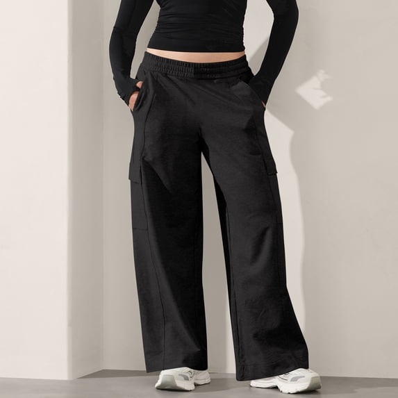 CQONEPT Cargo Sweatpants for Women Elastic Waisted Wide Leg Fleece Pant Athletic Running Fall Fit Trousers with 4 Pockets Black XXL