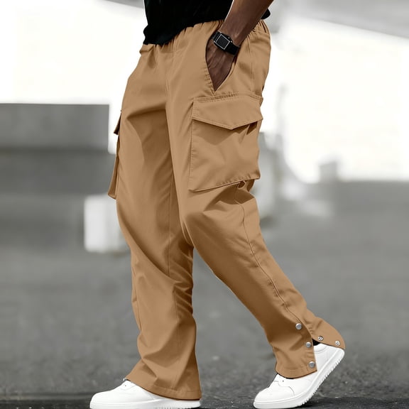 CQONEPT Cargo Work Pants for Mens Side Button Stretch Tactical Pants Camping Hiking Athletic Pants with Multi Pockets Khaki L