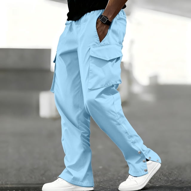 CQONEPT Cargo Work Pants for Mens Side Button Stretch Tactical Pants Camping Hiking Athletic Pants with Multi Pockets Sky Blue S