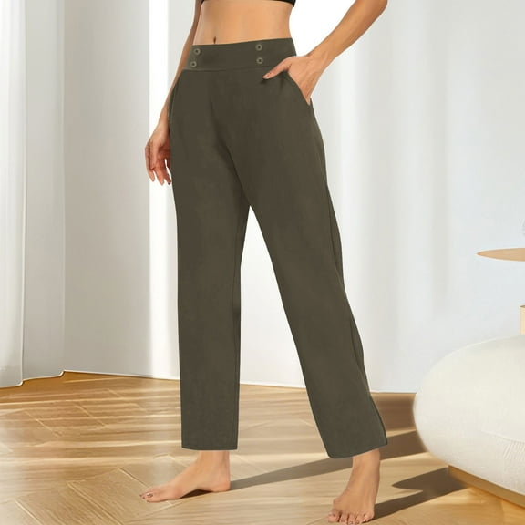 CQONEPT Casual Pants for Womens with Pockets Tummy Control Pant Wide Leg Button High Rise Jogging Leggings Army Green S