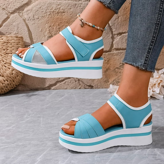 CQONEPT Chunky Sandals for Women Fashion Sandals Orthopedic Wedge Open Toe Ankle Strap Beach Sandals Dress Shoes Sky Blue 37