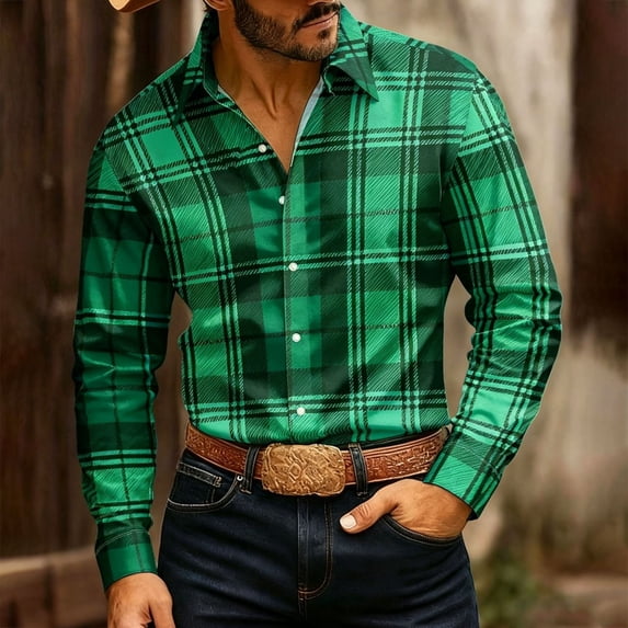CQONEPT Classic Plaid Shirt for Mens Long Sleeve Button Down Casual Tshirt Lightweight Golf Workout Moisture Wicking Clothes Green XL