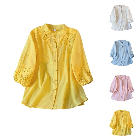 CQONEPT Clearance 3/4 Sleeve Shirts for Women Cotton Linen Shirt Summer Button Down Lapel Tops with Embroidery Causal Lightweight Solid Color Top,Yellow M-3XL