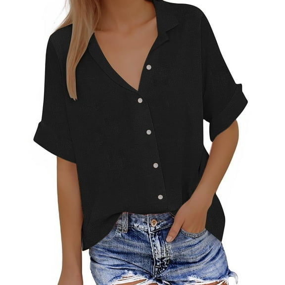 CQONEPT Button Down Shirts for Women Comfy Cotton Linen Tops Loose Fit Solid T-Shirt,Black