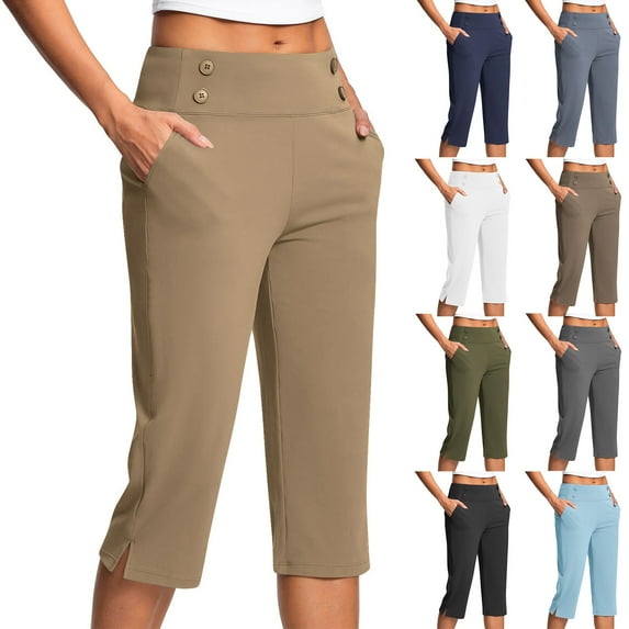 CQONEPT Clearance Capri Pants for Women Stretch High Waisted Capri Leggings Slim Fit Tummy Control Workout Legging,Coffee S-XXL