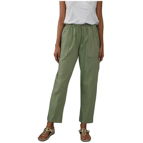 CQONEPT Cotton Linen Pants for Women Drawstring Straight Leg Pant with Pockets Solid Trousers,Gray